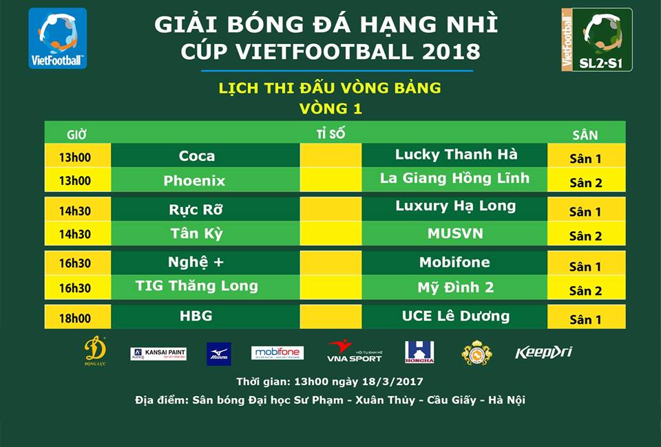 Lịch thi đấu vòng 1 giải hạng Nhì - Cúp Vietfootball 