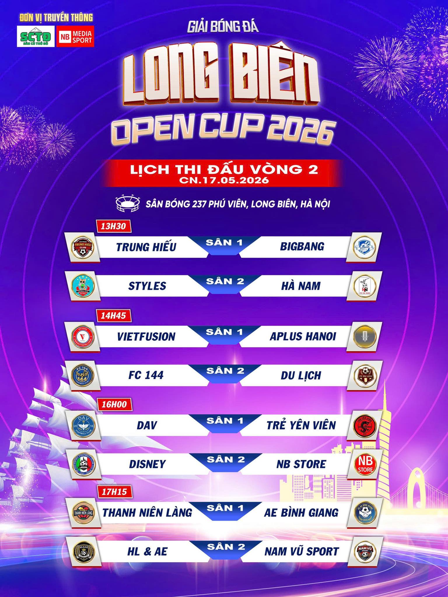 Bảng xếp hạng vòng 1 giải bóng đá Long Biên Open 2026