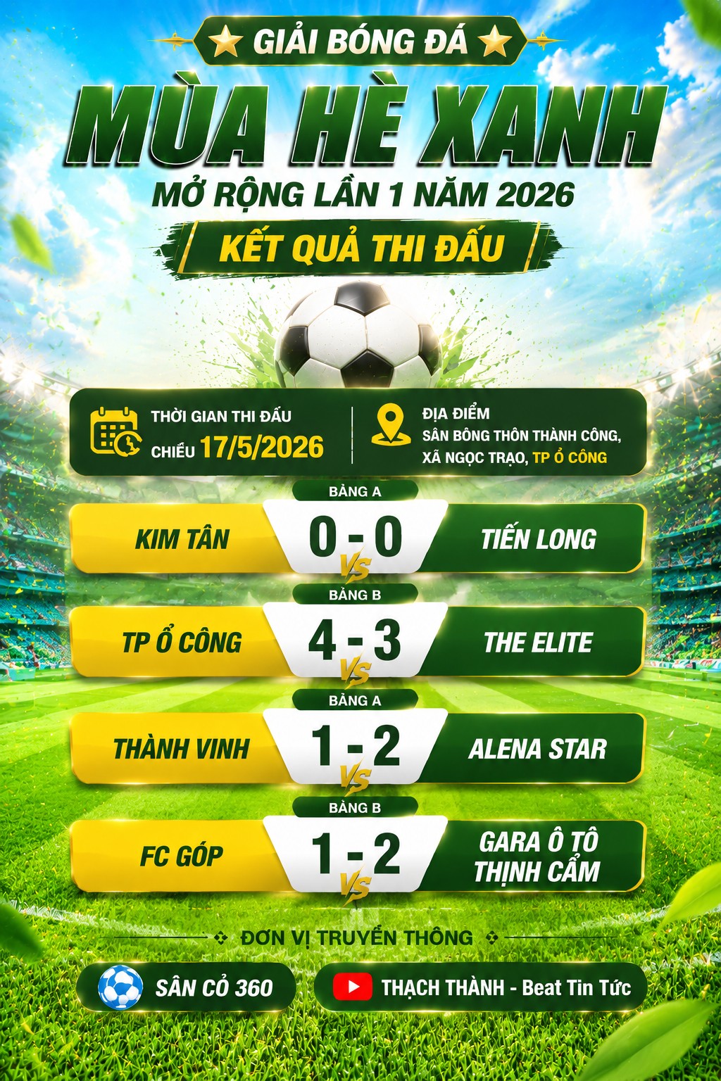 Kết quả vòng 1 giải bóng đá mùa Hè xanh mở rộng lần 1 - 2026