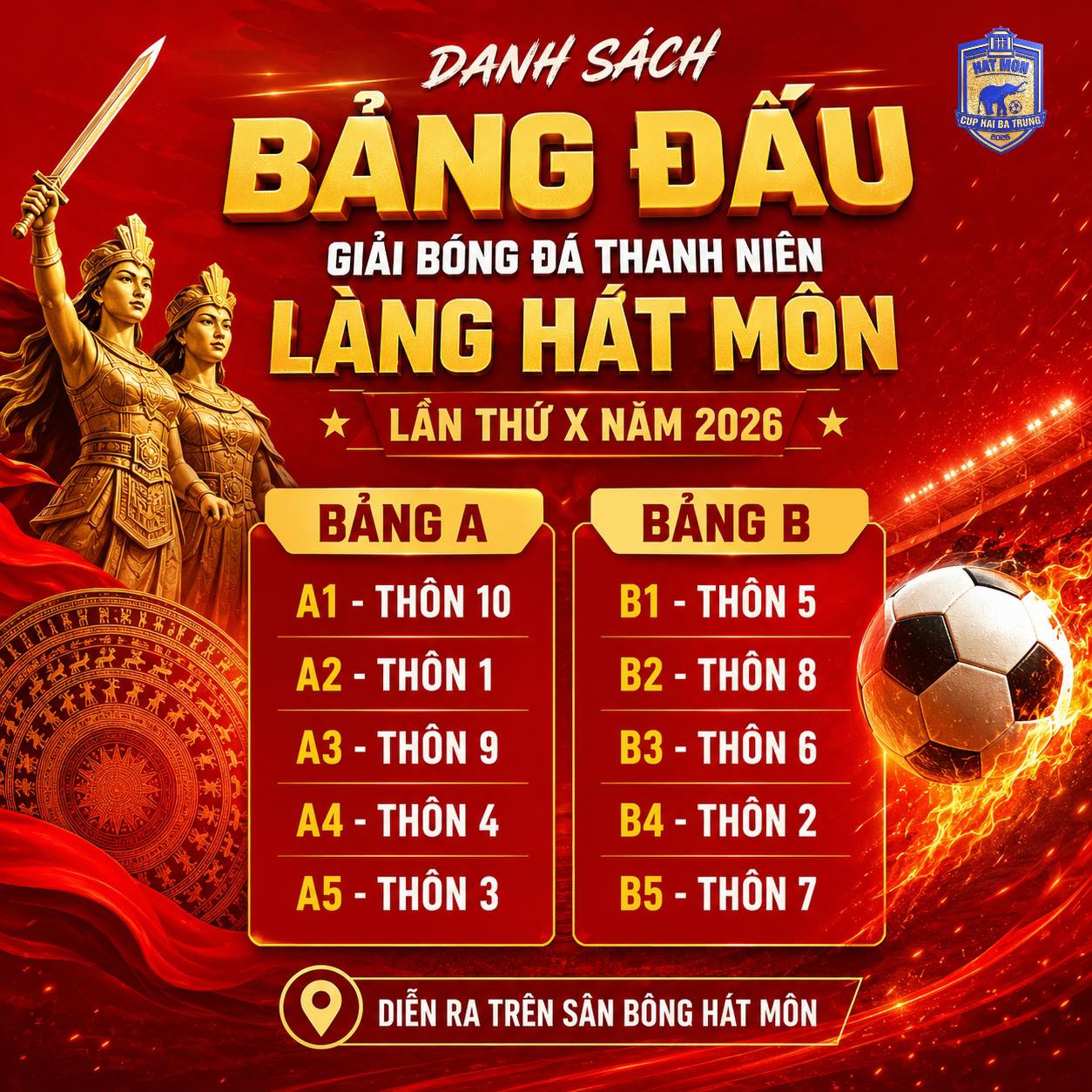 Lịch thi đấu giải bóng đá thanh niên làng Hát Môn - cúp Hai Bà Trưng 2026