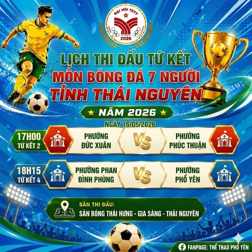 Lịch thi đấu vòng tứ kết môn bóng đá 7 người Đại hội TDTT Thái Nguyên 2026