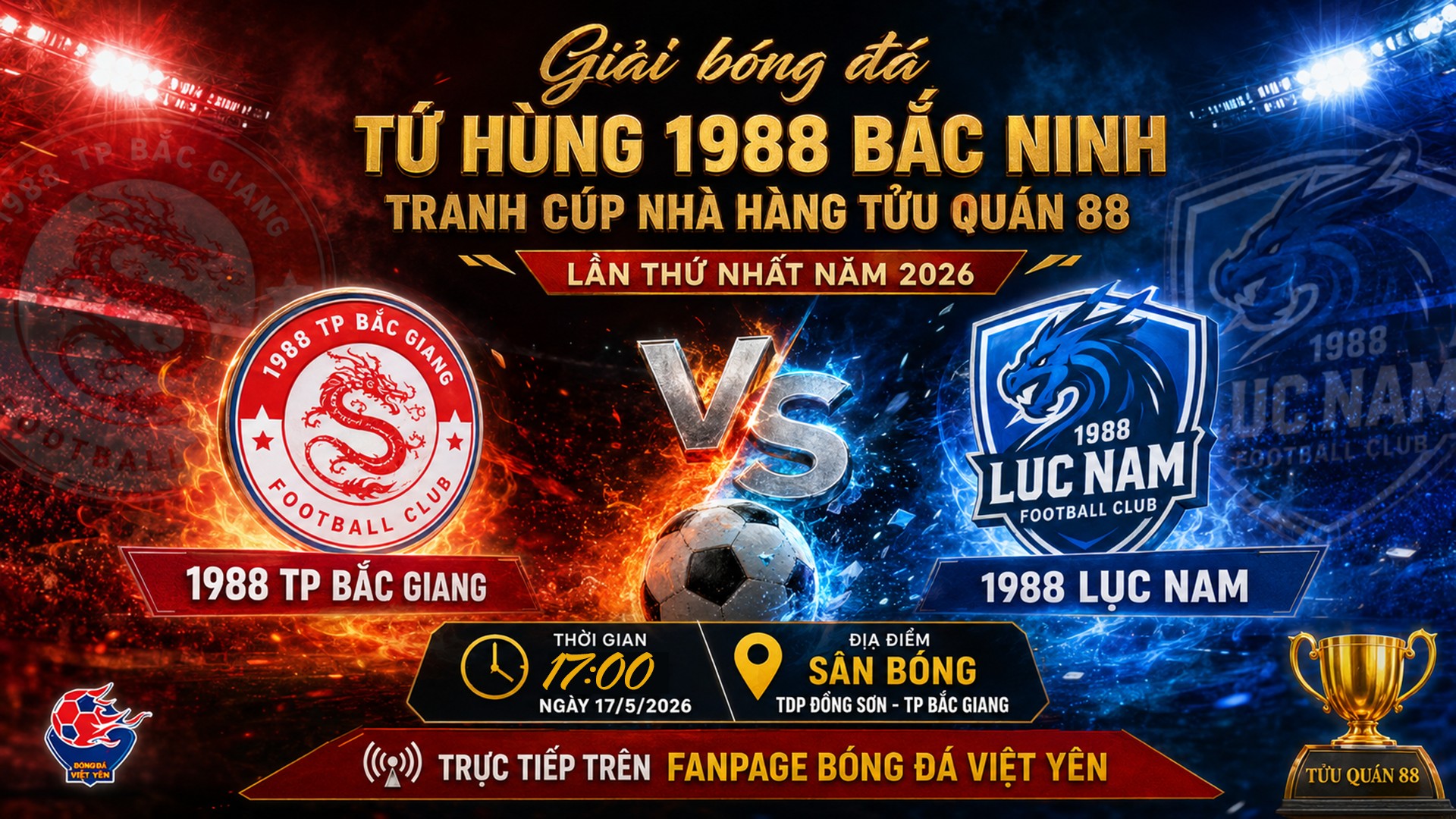 Vòng 2 giải bóng đá Tứ Hùng 1988 Bắc Ninh tranh cúp nhà hàng Tửu Quán 88 lần thứ nhất năm 2026