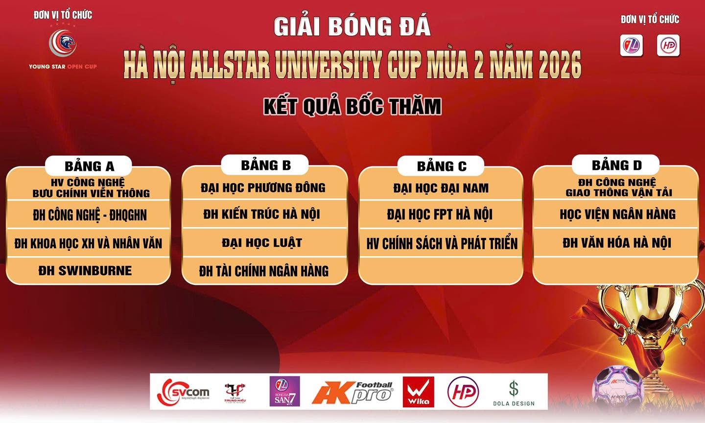Hấp dẫn lịch thi đấu vòng 1 giải bóng đá Hà Nội Allstar University mùa 2