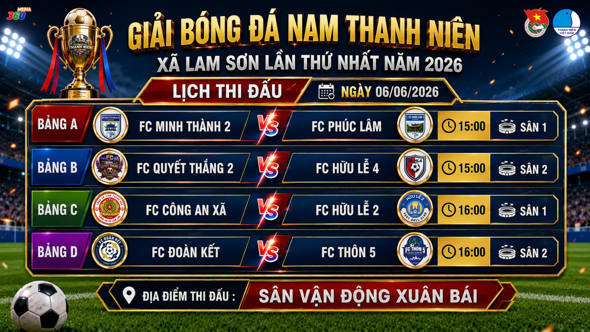 Lịch thi đấu giải bóng đá nam thanh niên xã Lam Sơn lần thứ nhất