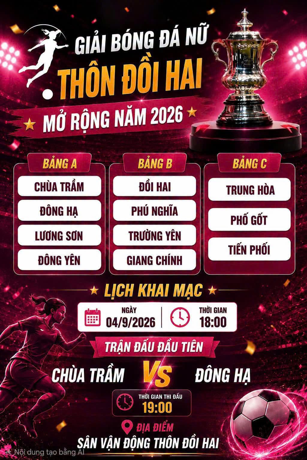 Hôm nay khai mạc Giải bóng đá nữ thôn Đồi 2 mở rộng năm 2026